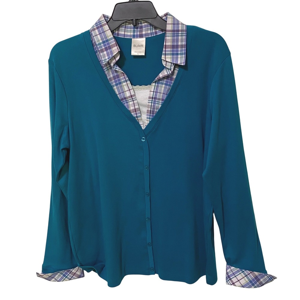 Vtg 90s Y2K Womens Twofer Shirt L Teal Green Plaid Layered Look Preppy Modest
